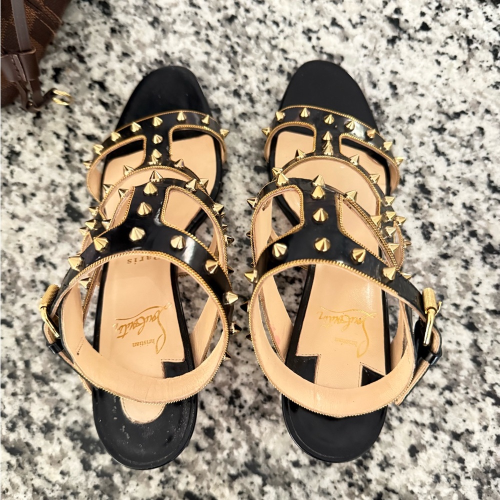 👠 Christian Louboutin Red Bottoms- Black and Gold Strappy Studded Heels 39.5 - Picture 5 of 8